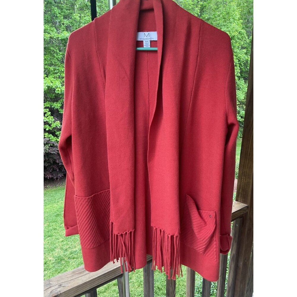 NWOT MAGASCHONI Fall Burnt Orange Kimono Open Front Fringed Cardigan Medium